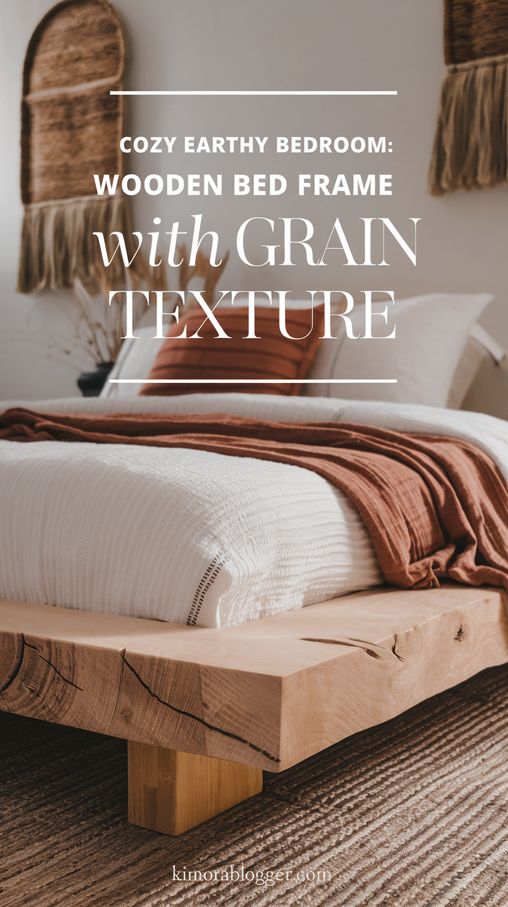 Light oak platform bed with visible wood grain, surrounded by cream walls and soft wool bedding. A low bench at the foot adds functionality.