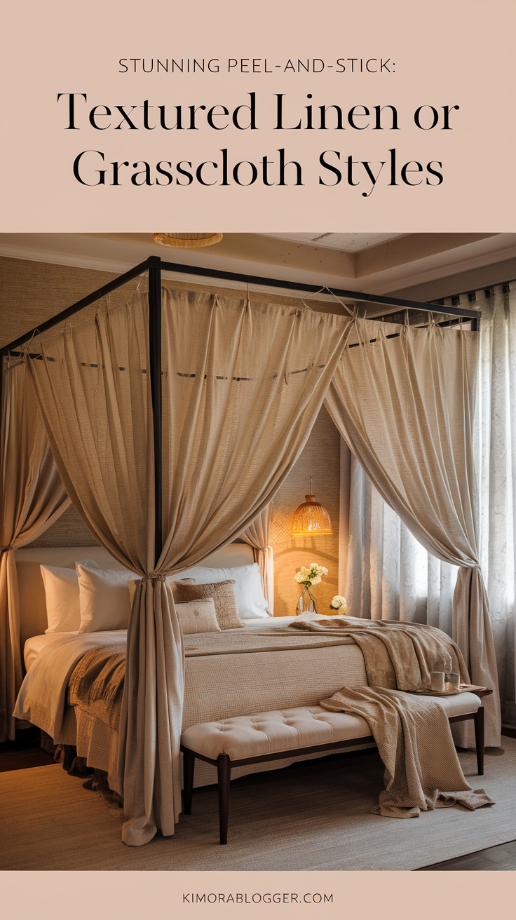 A soft beige grasscloth wallpaper lines the wall behind a canopy bed with warm lighting, layered throws, and sheer curtains for a cozy retreat feel.