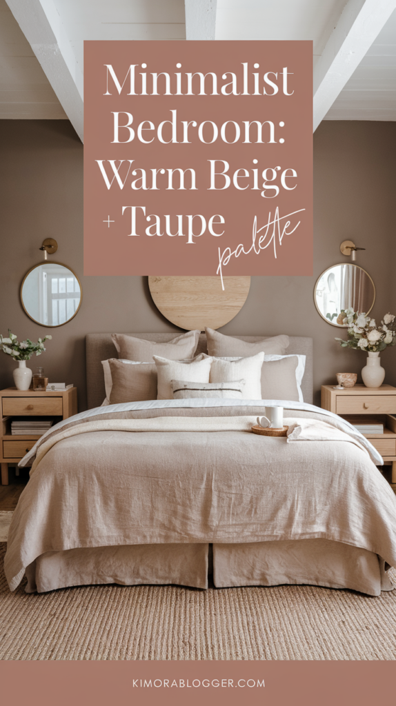 Soft neutral bedroom in beige and taupe. Linen bed, cream pillows, oak nightstands, and a jute rug create a grounded, cozy aesthetic.
