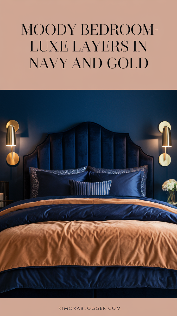 A navy wall with a navy velvet headboard, layered pillows in midnight and sapphire tones, and gold sconces casting a warm glow.