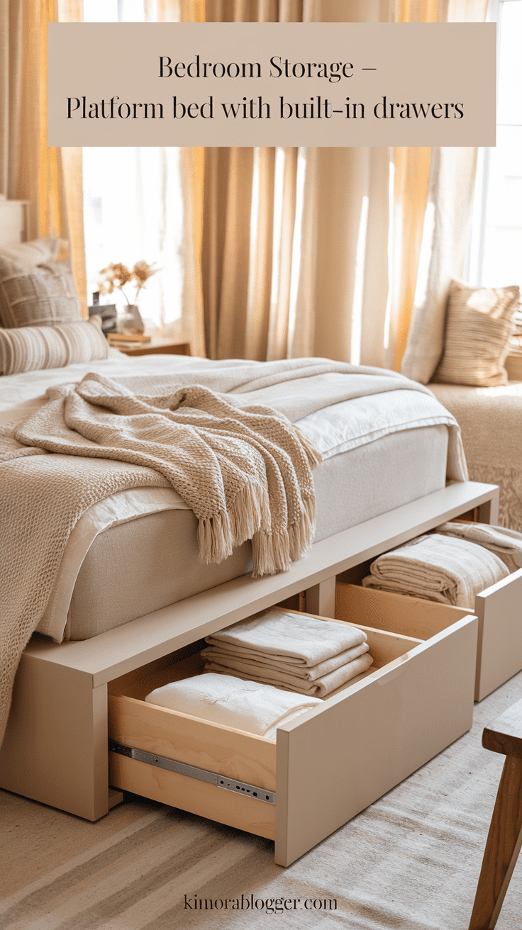 A neutral-toned platform bed with two smooth drawers partially open, revealing folded throws and extra bedding. The space feels calm and uncluttered with plush textures and a cozy throw at the foot of the bed.