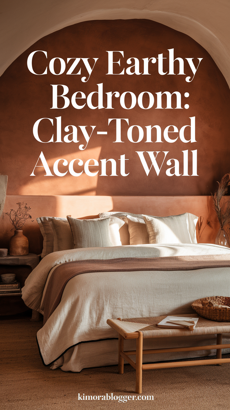 A soft terracotta or muted clay-colored wall behind the bed. Warm ambient light enhances the earthy undertone.