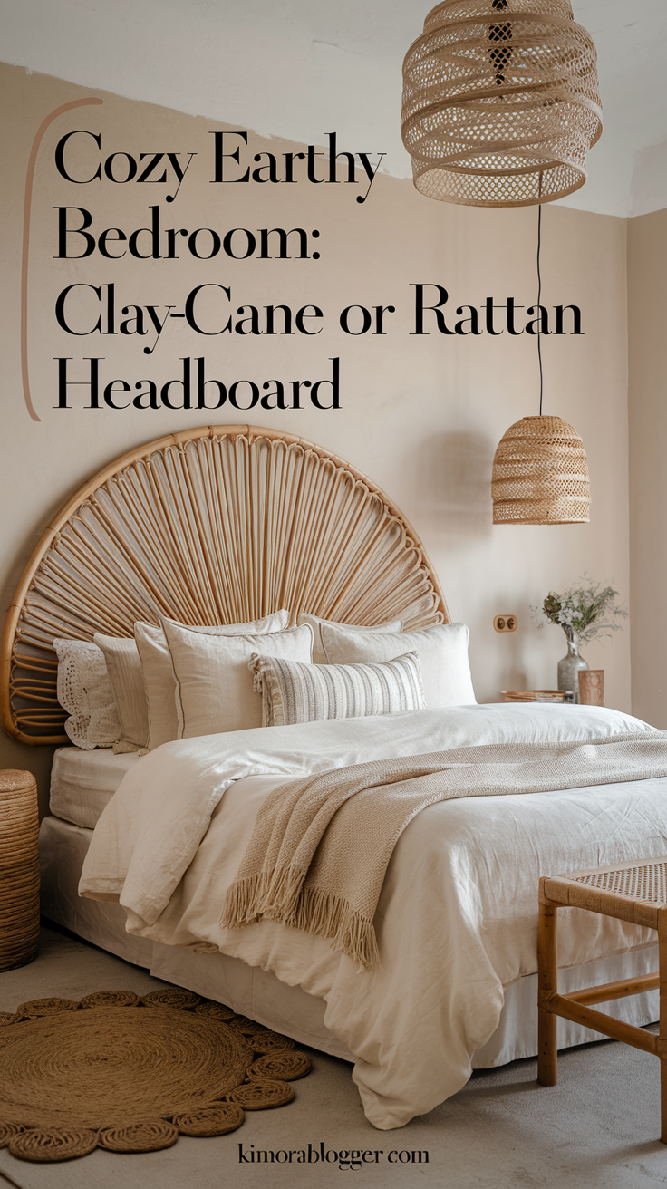 A statement cane headboard paired with a clean-lined bed. The natural fiber adds warmth and organic texture