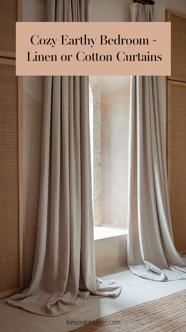 Full-length raw cotton curtains in warm off-white, gently pooling at the floor, softening the window frame.