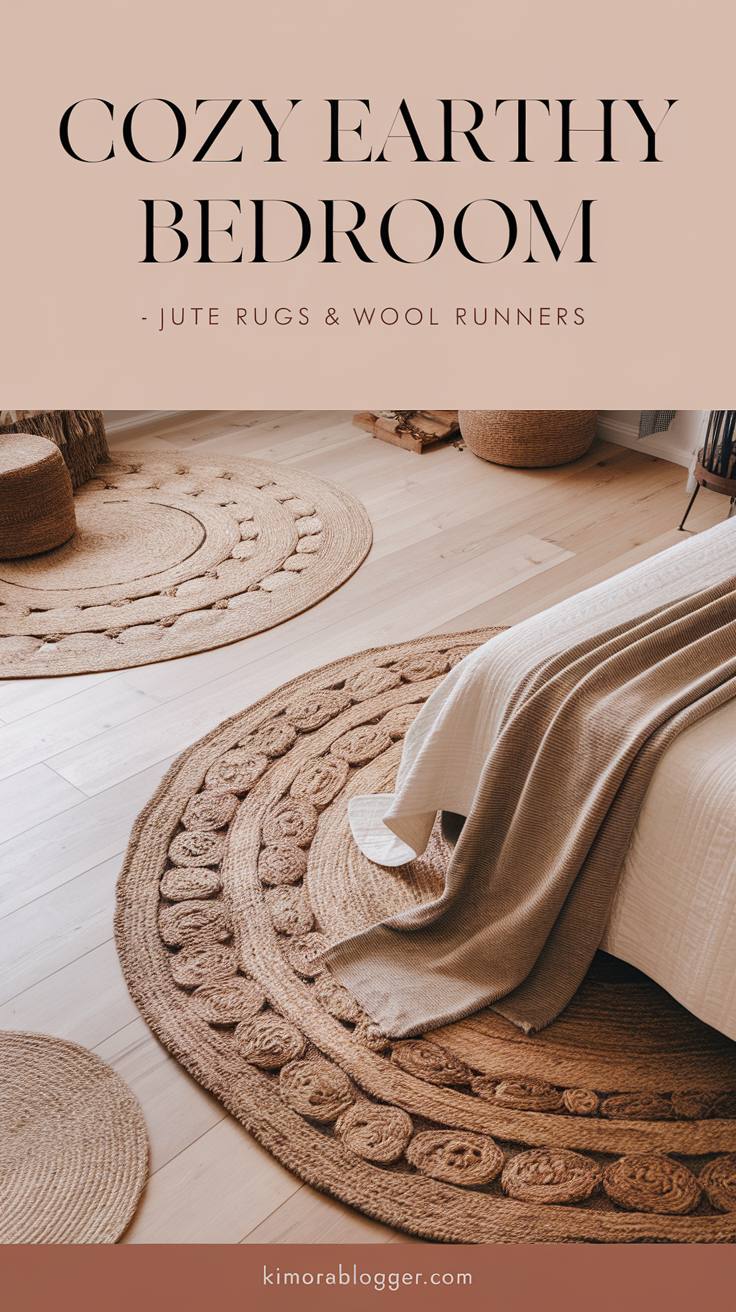 Natural jute area rug layered with a wool runner at the foot of the bed. Light wood flooring, warm earth-toned textiles, and cozy texture all around.