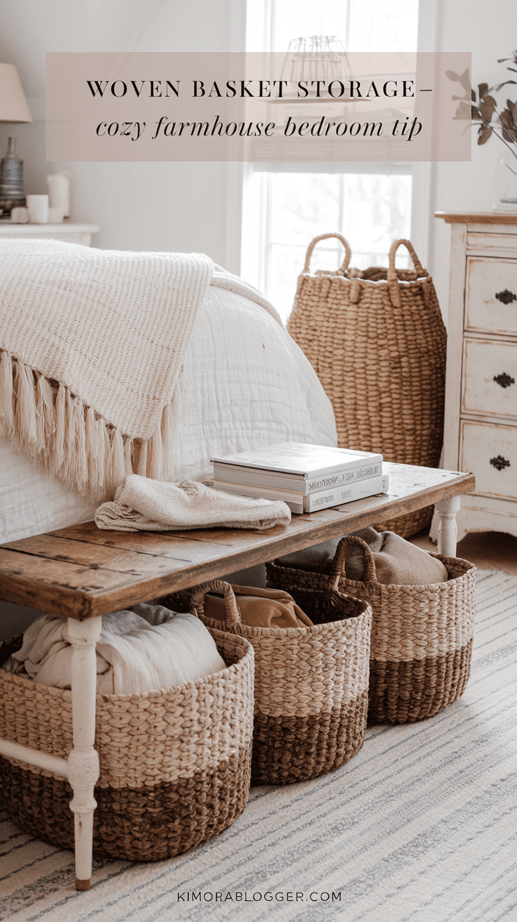 A set of three seagrass baskets tucked under a reclaimed bench at the foot of the bed, filled with cozy throws and books. A large woven hamper sits beside the dresser.