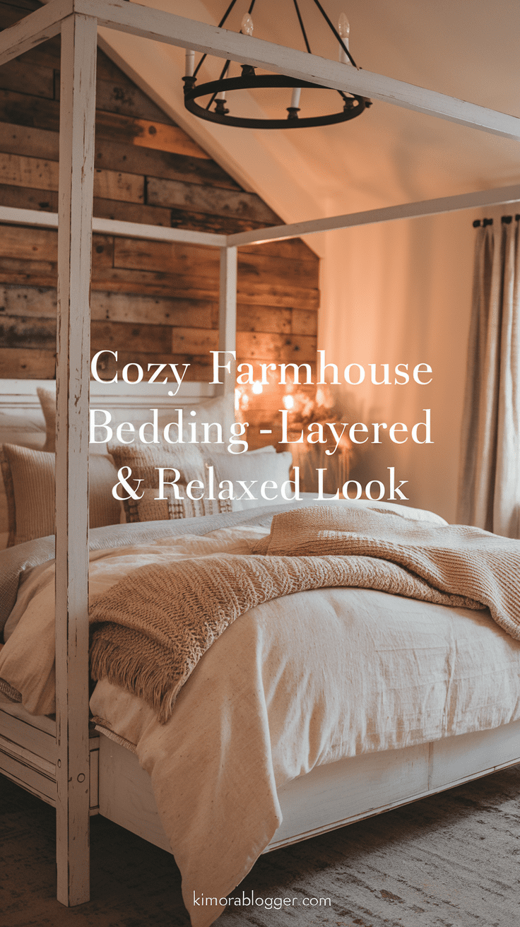 Crisp white linen sheets topped with a wrinkled ivory duvet, a beige quilt folded at the foot of the bed, and large knit pillows in taupe and cream. A cozy wool throw is casually draped over the corner.