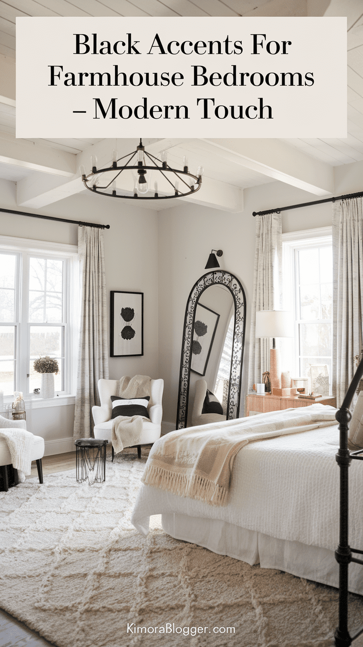 Soft white curtains hanging from black iron rods, a black arched mirror leaning against the wall, and matching black reading lamps mounted beside the bed.