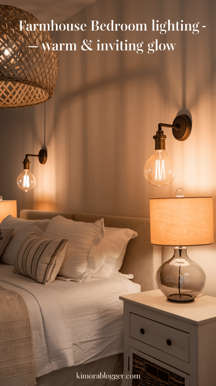 A woven rattan pendant light centered above the bed, soft-glow vintage bulbs in wall sconces, and a glass base lamp with a linen shade on the nightstand.