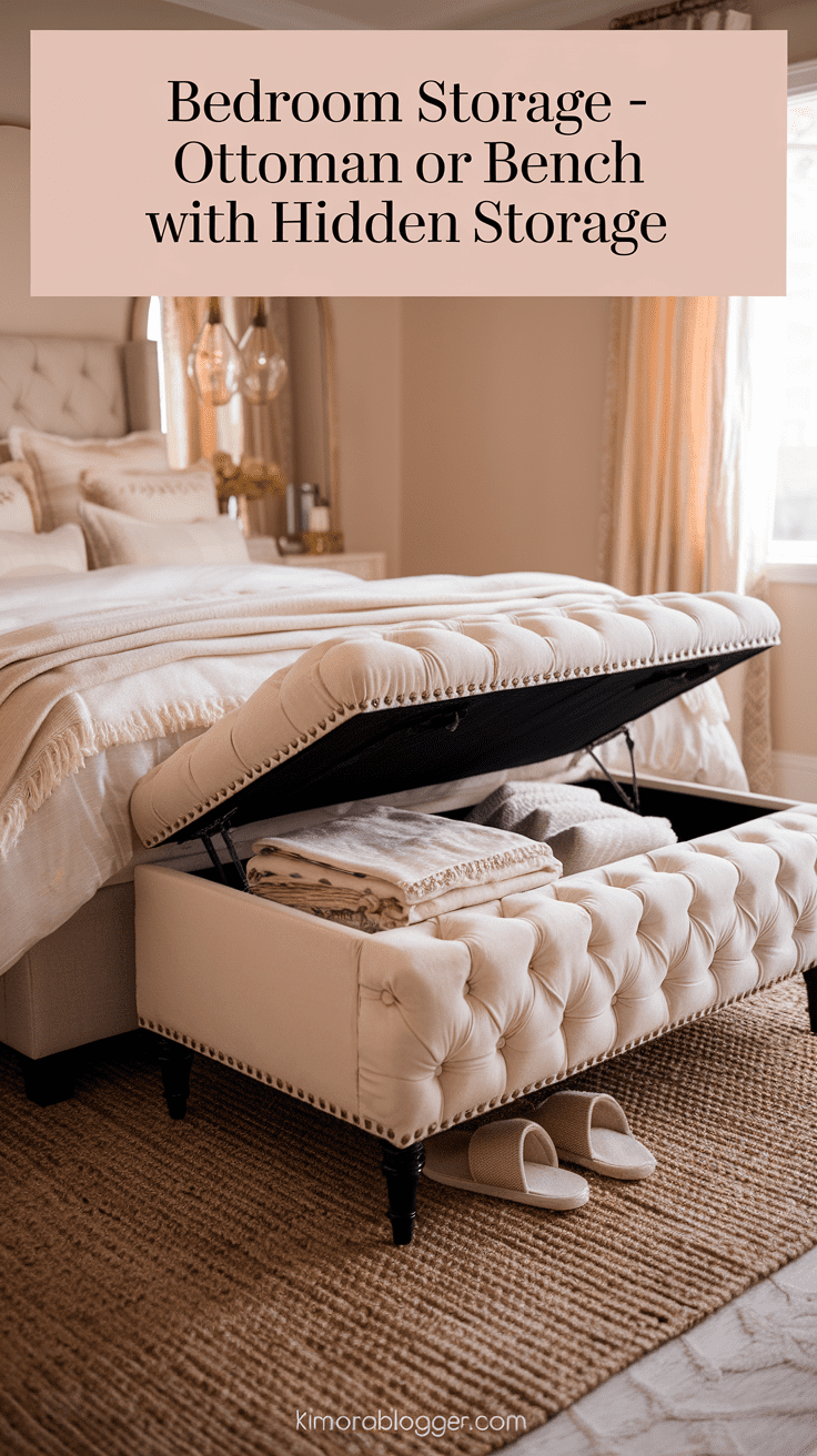 A creamy tufted bench with lift-top storage sits at the foot of the bed, topped with a folded knit blanket and linen tray. Inside, baskets hold slippers and books—out of sight, but easy to grab.