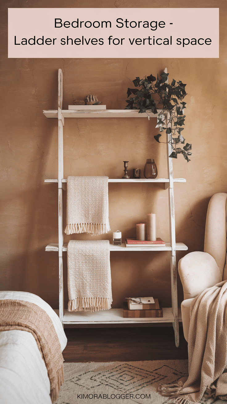 A whitewashed wood ladder shelf leans beside a cozy reading chair, styled with a folded knit blanket, neutral decor, and a small plant.
