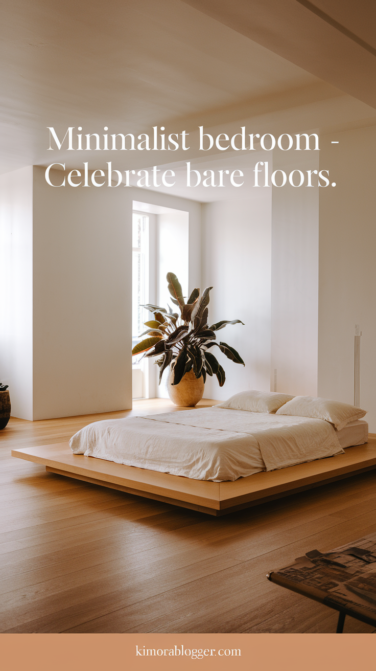 A warm wood floor without a rug, paired with a slim-framed bed and one large potted plant in the corner. The floor becomes the focus.