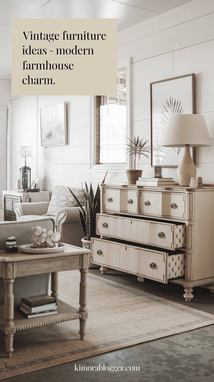 A vintage whitewashed dresser with brass handles, paired with a round wooden mirror and a clear glass lamp. Next to the bed: a tiny nightstand with chipped paint and personality.