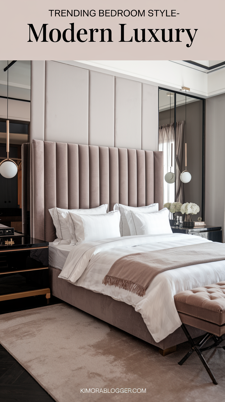 A velvet headboard in soft taupe, paired with crisp white bedding, matte gold lighting, and a black lacquered dresser.