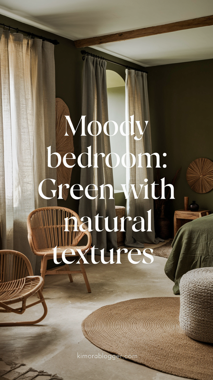 A forest green bedroom with linen curtains, a woven pendant lamp, and a reclaimed wood bench at the foot of the bed.