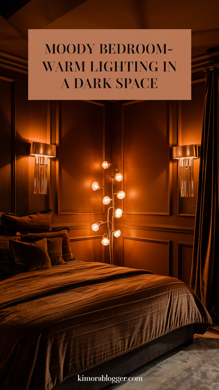 A room painted in deep espresso brown, with a brass floor lamp and wall sconces casting soft amber light on velvet bedding.