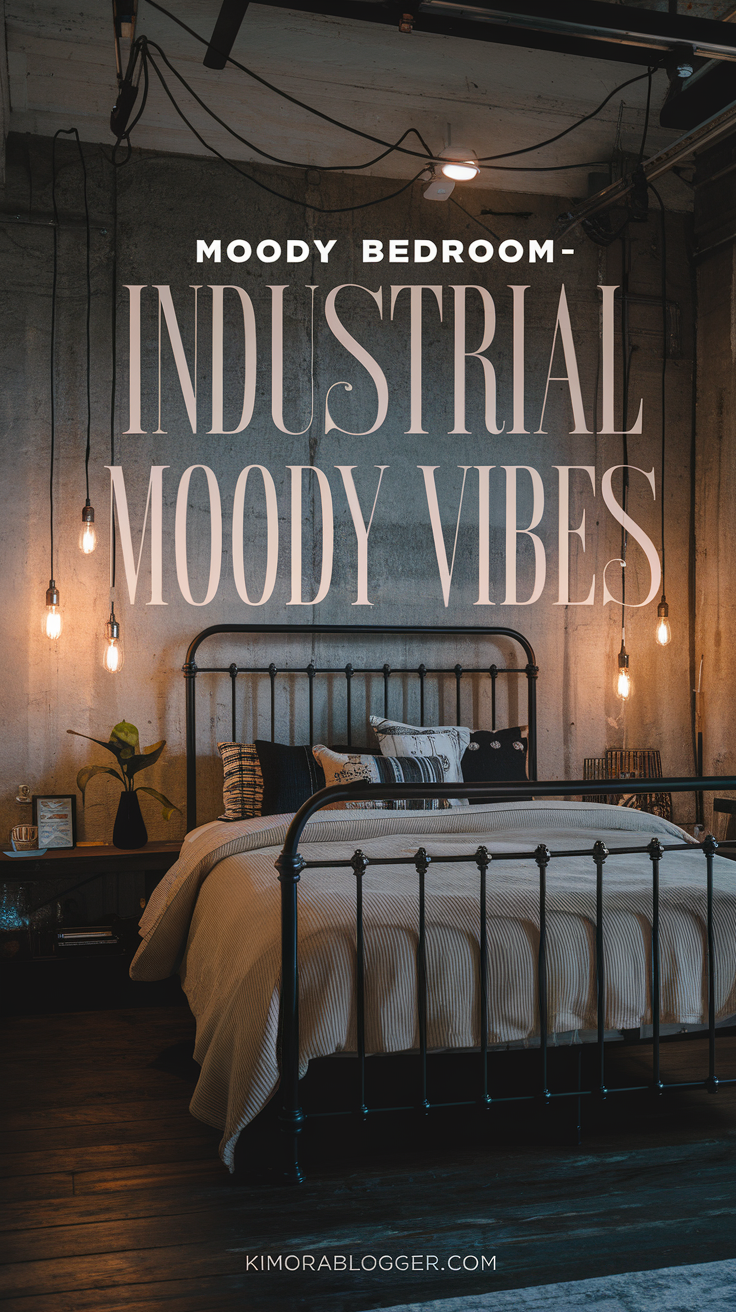 A black iron bed sits against a concrete wall. Minimalist lighting dangles overhead, and the bedding is soft beige for contrast.