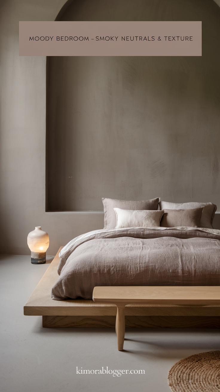 A smoky taupe room with layered linen bedding in soft gray and beige, a wood bench at the foot of the bed, and a minimal ceramic lamp casting gentle light.