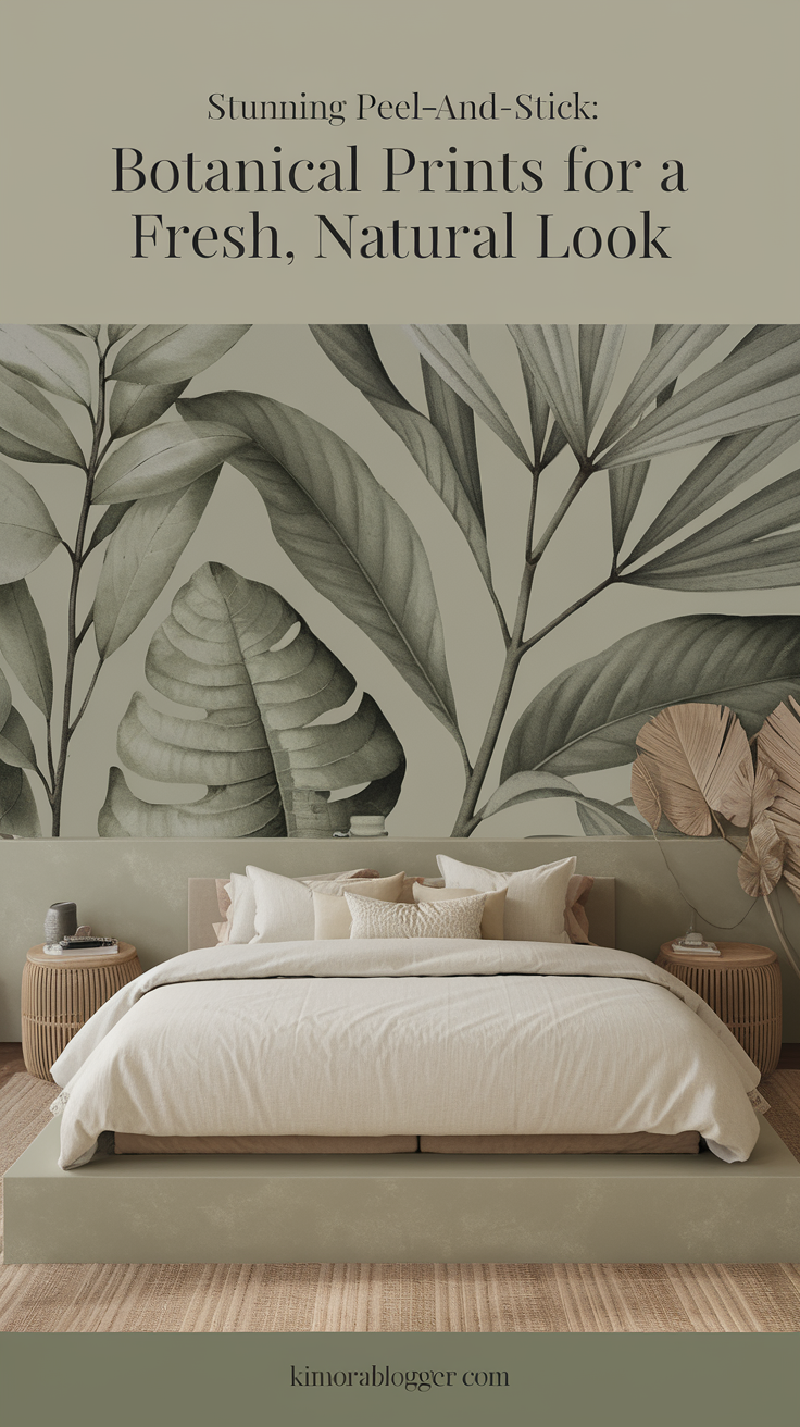 Imagine a soft sage green wallpaper with oversized leafy prints wrapping one wall behind a minimalist platform bed. Cream linen bedding and rattan decor complete the earthy vibe.