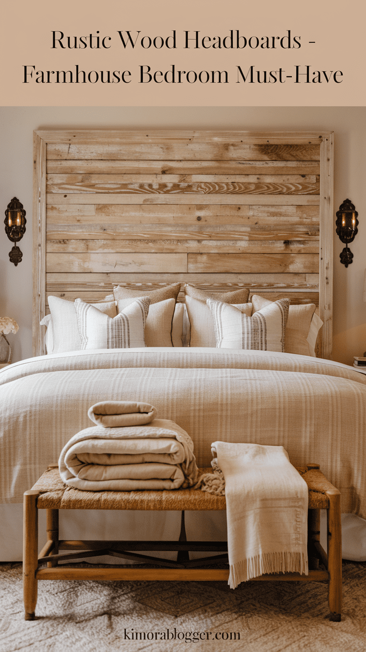 A distressed wood headboard in a sun-washed finish with visible grain texture, paired with warm bedding and iron reading lamps. The wood’s imperfections add to the charm.