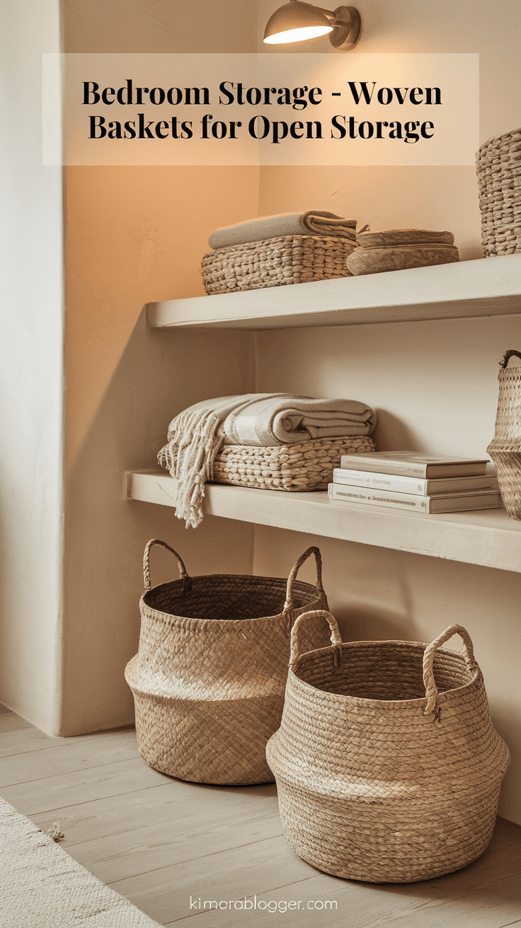 Two medium-sized woven baskets under a floating shelf hold folded throws and candles. Above them, soft lighting casts a golden glow over the earthy textures.