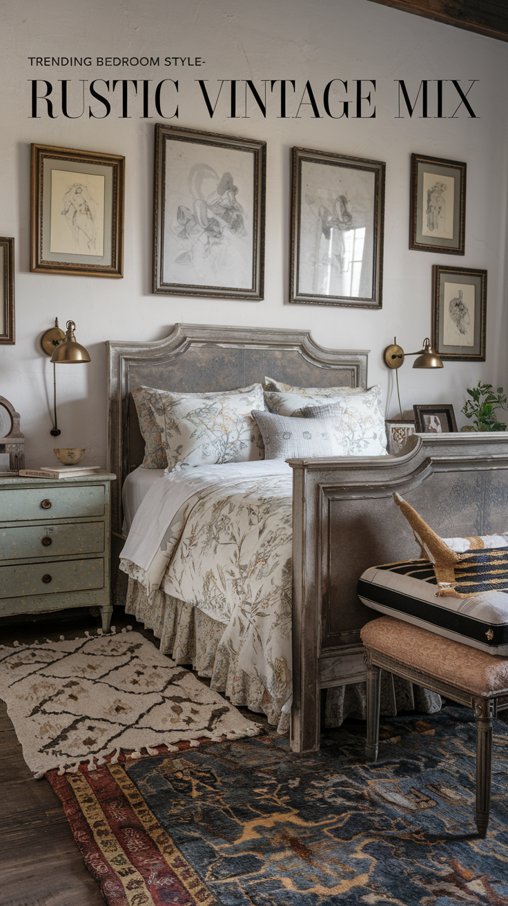 A distressed wood bed frame with vintage linens, a small reading lamp with a brass finish, and framed antique sketches on the wall.