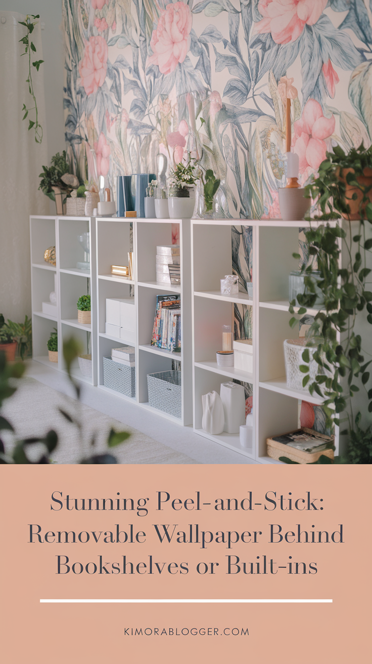 White cube shelves line a small wall with a floral peel-and-stick wallpaper behind them, creating a layered and styled look that feels curated.