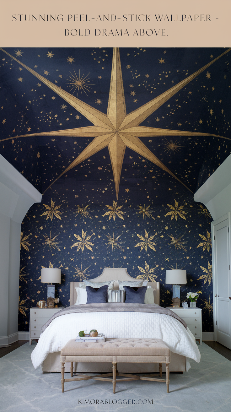 Look up and see a starry night peel-and-stick paper across the ceiling, paired with fairy lights and navy bedding. It's magical and moody without darkening the whole room.