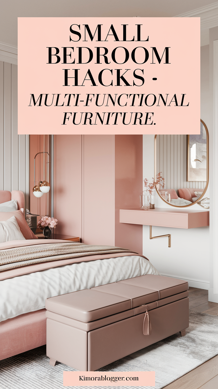 A slim taupe bench at the foot of the bed with built-in storage, and a matte gold wall-mounted shelf used as a compact vanity or writing station.