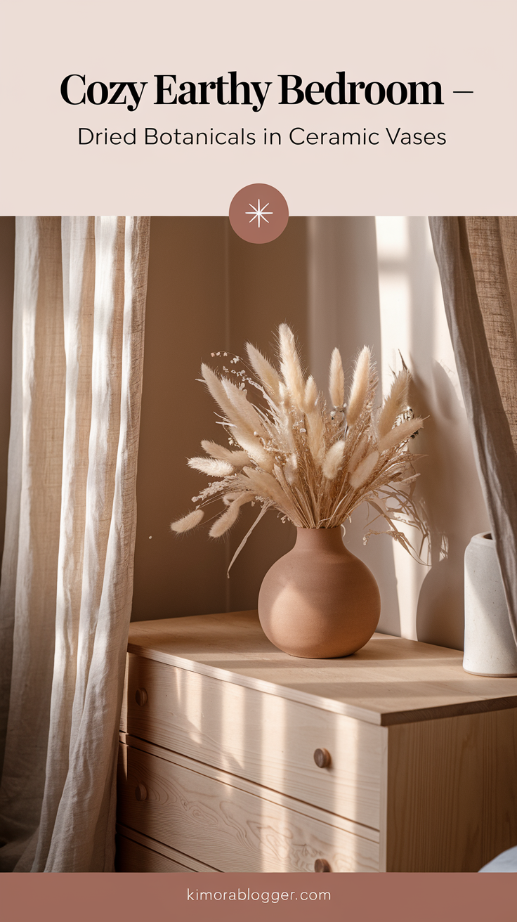 Pampas grass, bunny tails, or eucalyptus in a matte ceramic vase on a wood dresser or windowsill.