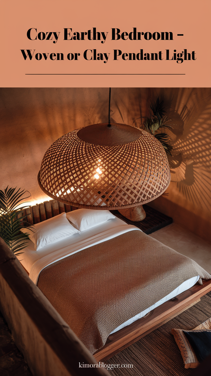 A clay dome pendant light over the nightstand or a woven rattan globe pendant above the bed.