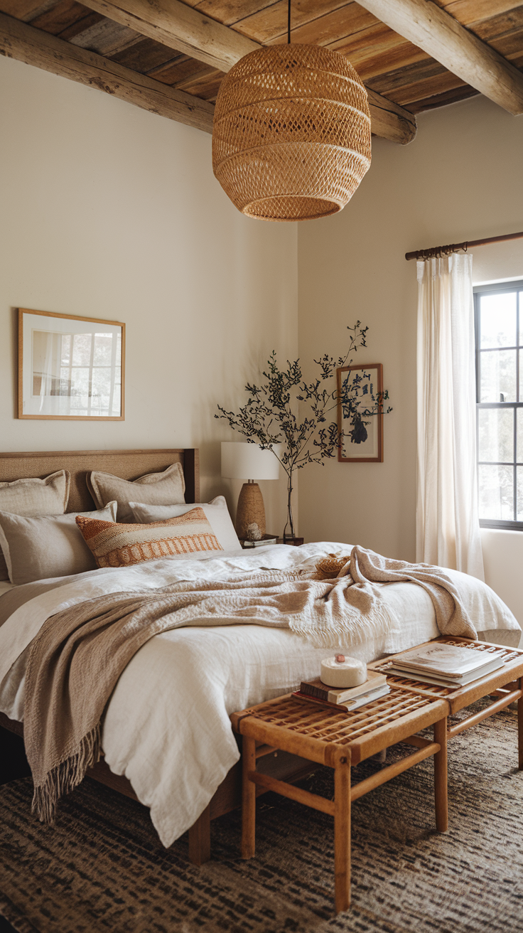 Cozy bedroom with off-white linen duvet, beige and taupe pillow layers, wrinkled texture, soft cotton sheets, and a rustic wood headboard. Gentle natural light filtering through sheer curtains.