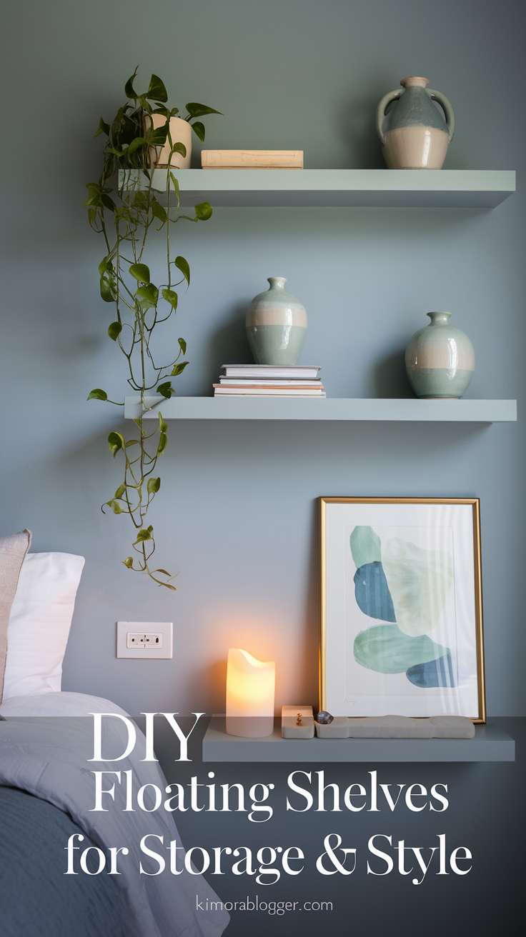 A floating shelf above the bed styled with a framed abstract art print, ceramic vases, a trailing pothos plant, and a soft candle glow, creating a minimalist but cozy design.