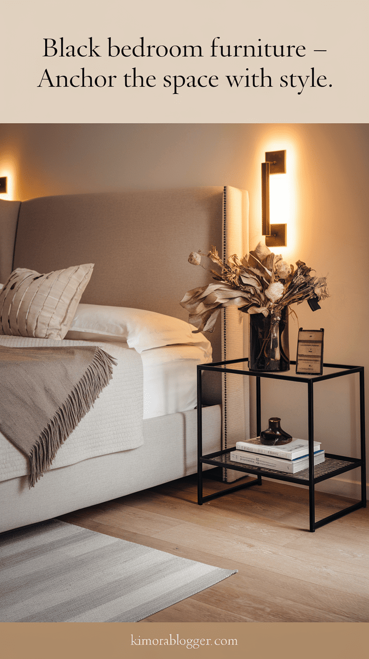 A black metal nightstand beside a warm neutral bed, styled with a soft-glow lamp and a ceramic vase of dried florals.