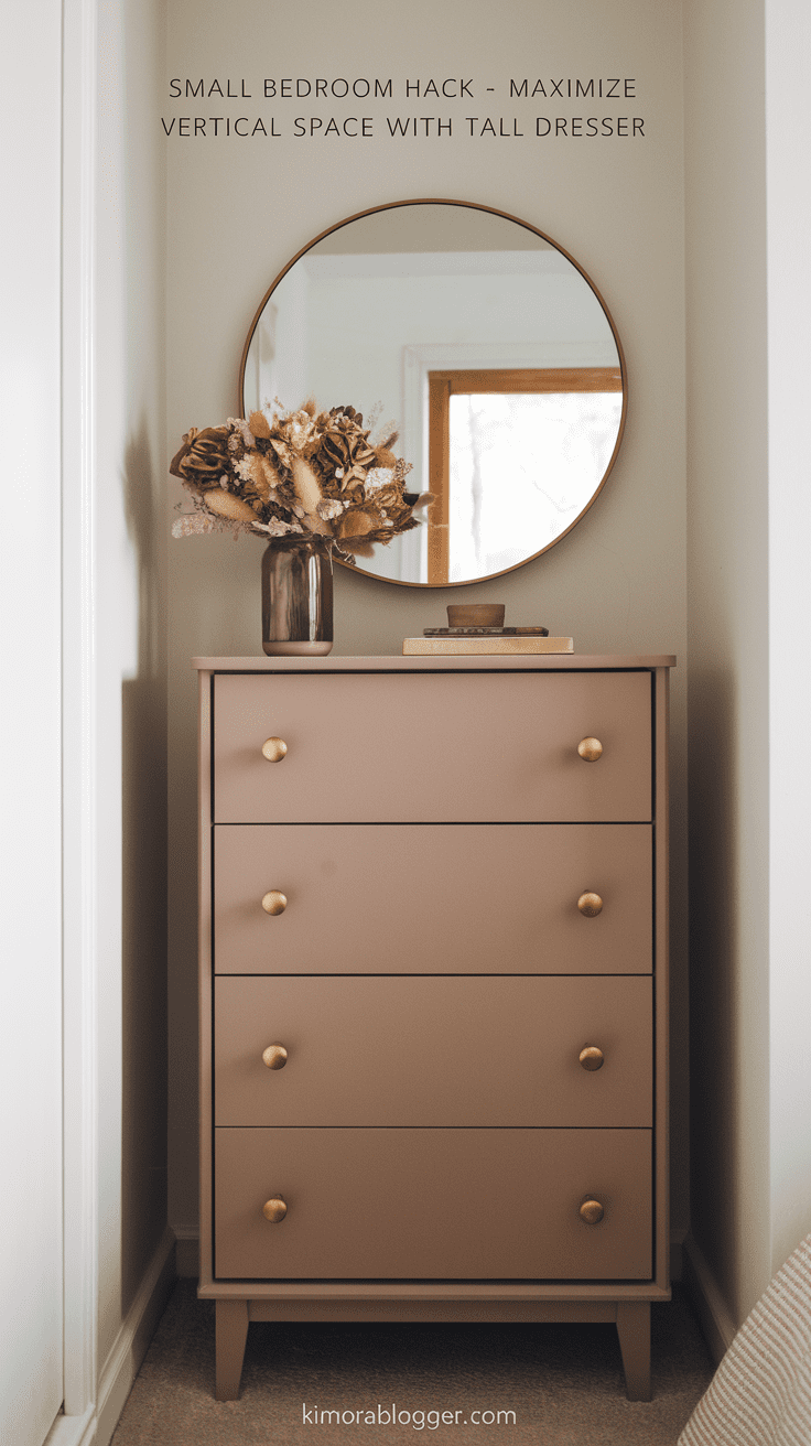A narrow taupe dresser with matte gold knobs stands in a bedroom corner.