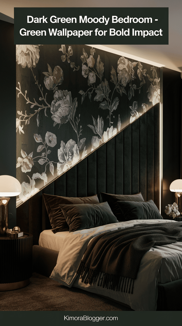 A bedroom wall wrapped in green botanical wallpaper with moody florals, paired with brass accents and soft lighting.