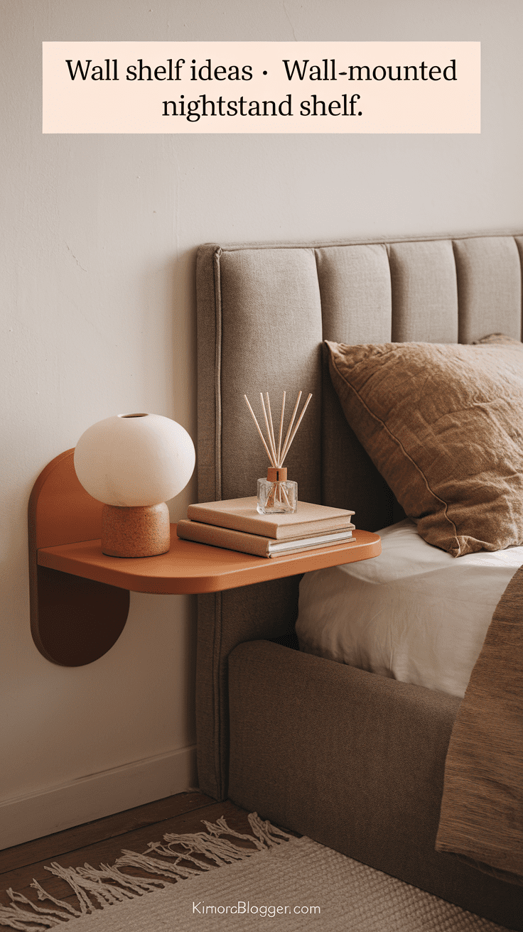 A floating shelf with a soft-edge curve mounted beside a cozy platform bed. A ceramic lamp, a linen-bound book, and a small diffuser complete the vignette.