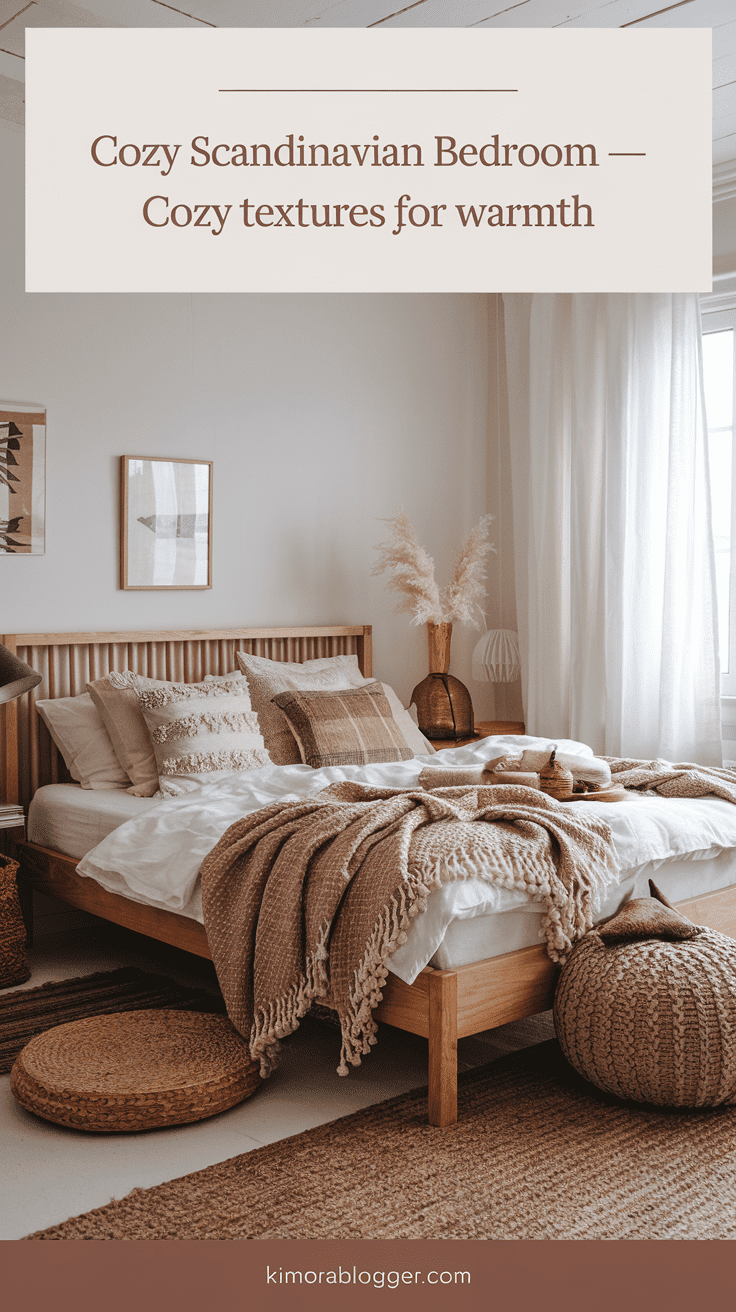 A cozy corner with a jute rug, wool blanket draped on a reading chair, and a bed topped with cotton throws and linen pillows. The palette stays neutral, but the feel is rich and inviting.