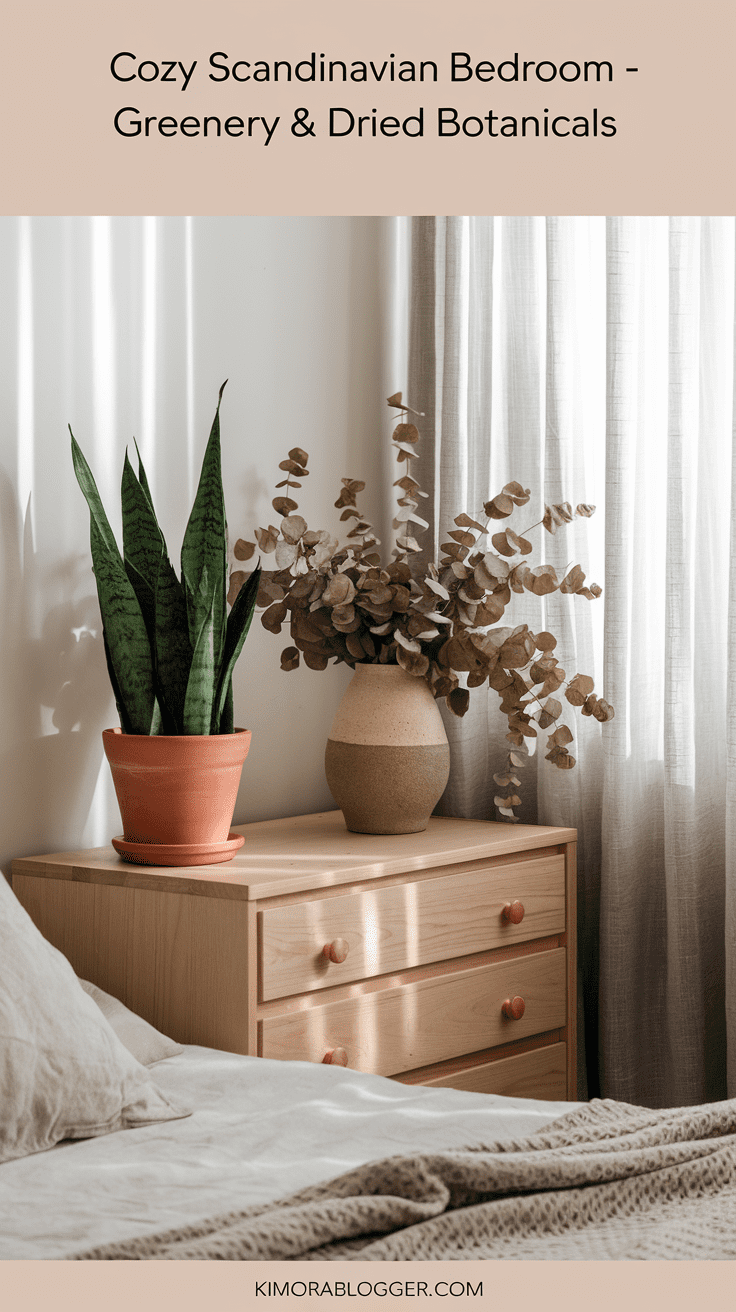 A ceramic pot of dried eucalyptus on a nightstand, with a trailing pothos hanging gently nearby. These earthy touches soften the clean space and add depth.