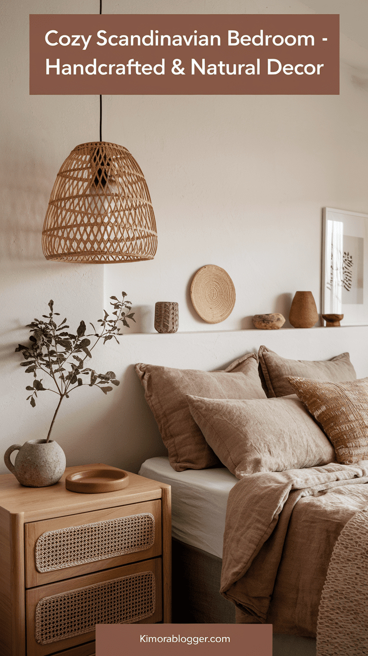 A rattan light fixture hangs over a low-profile bed, with a clay bowl and stone tray on the nearby dresser. Everything feels handmade and rooted in nature.