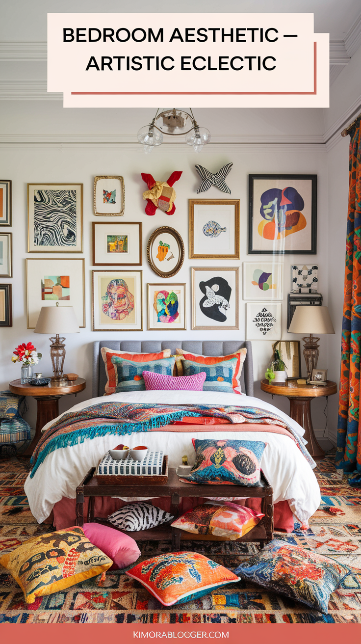 A gallery wall above the bed, colorful pillows, and mismatched furniture with charm. Creative, personal, and layered.