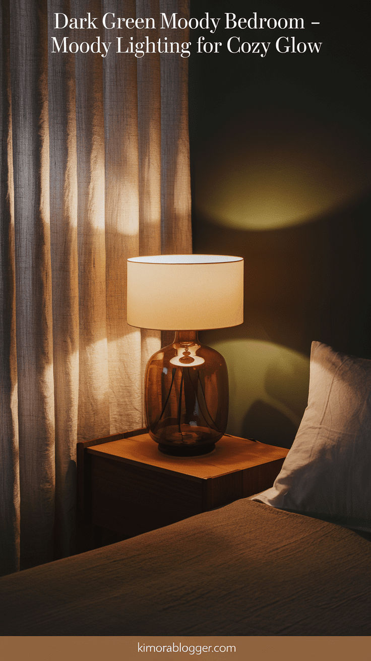A soft amber glass table lamp casting warm light across dark green walls and linen curtains, creating a restful glow.