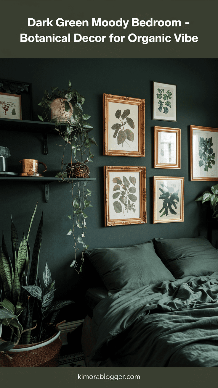 A gallery wall with vintage botanical prints in gold frames, trailing plants on a shelf, and forest-green bedding below.