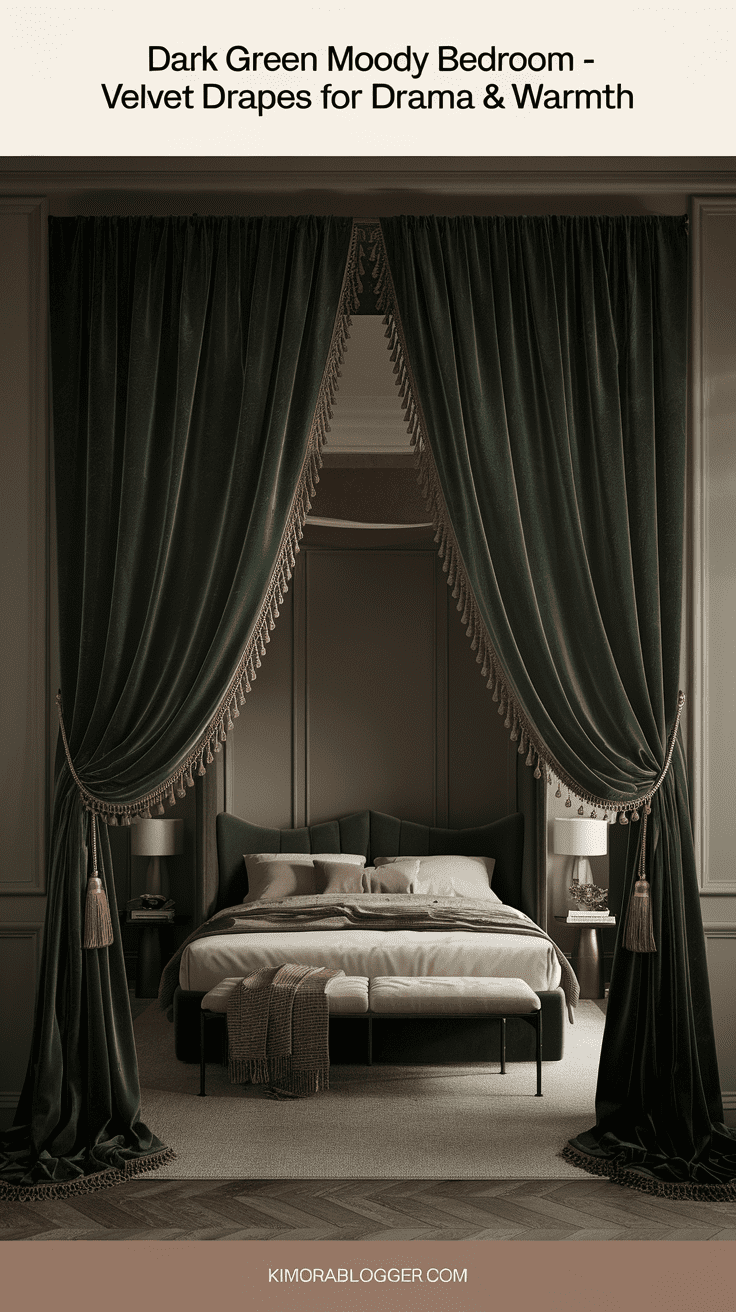 Floor-to-ceiling dark green curtains framing a window, gently pulled back with gold tiebacks, allowing moody natural light in.
