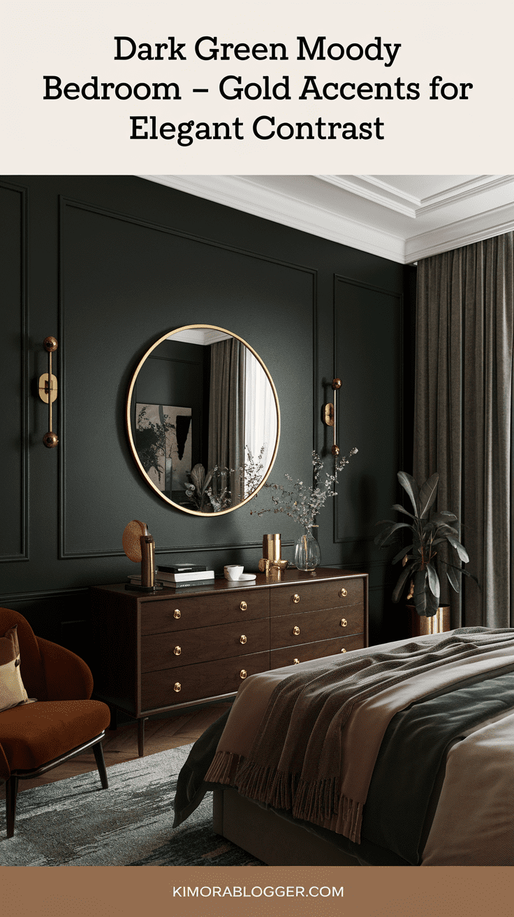 A dark green wall with a large round gold mirror above the dresser and brushed gold sconces on either side of the bed.