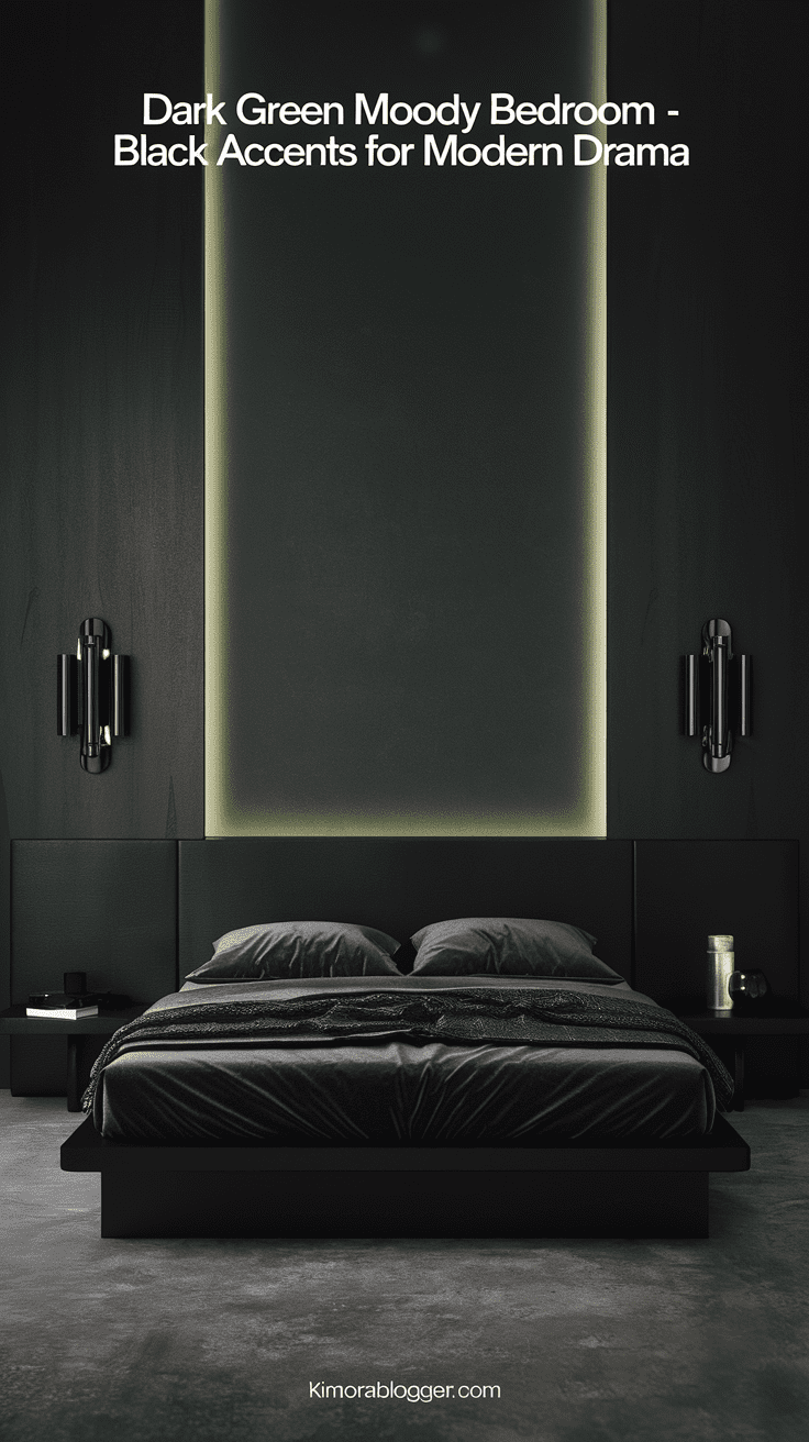 A minimalist bedroom with black sconces, a black platform bed, and a deep green backdrop with moody lighting.