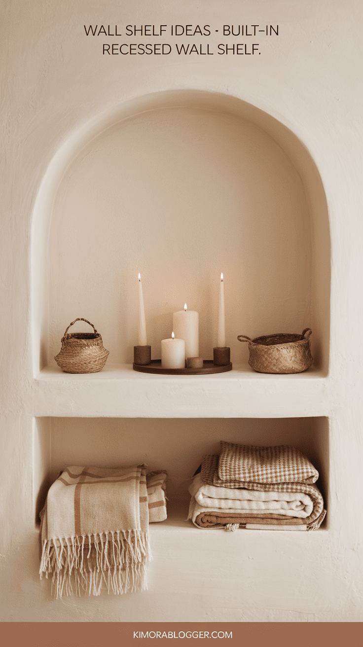 A minimalist recessed shelf painted the same color as the wall, displaying candles, small baskets, and folded throws in a soft earthy palette.