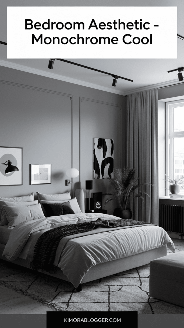 A room in layered tons of soft gray, from bedding to wall paint, with black accents for depth. Sleek and polished.