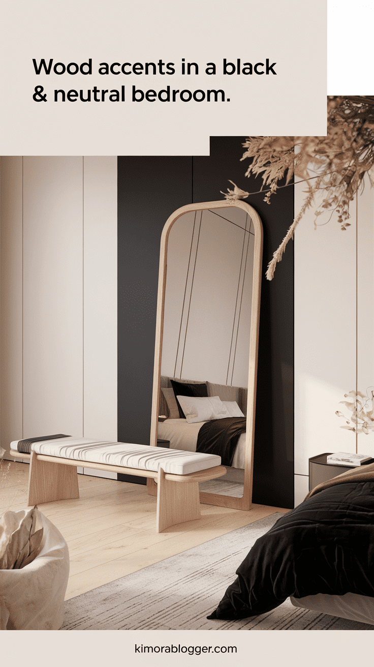 Light oak bench and wood-framed mirror in a modern bedroom with black and cream tones. Soft textures and dried flowers complete the look.