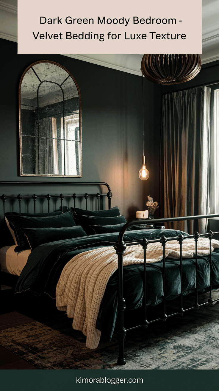 A moody bedroom with dark green velvet bedding, black iron bed frame, and soft ambient light from a single pendant above.